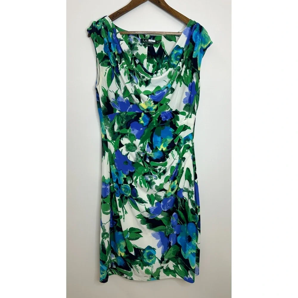 Lauren Ralph Lauren Blue Green Floral Cowl Neck Ruched Sheath Dress Size 12 - Picture 2 of 12
